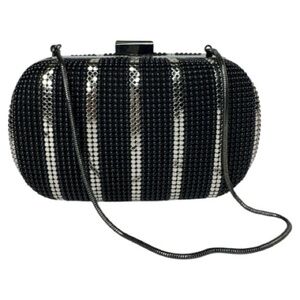 Whiting & Davis Minaudière Black & Silver Mesh Striped Hardcase Clutch Purse